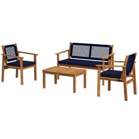 Outsunny 4 Piece Patio Sofa Set Blue Acacia Wood Outdoor Furniture with Cushions Slatted Wood Top Coffee Table for Backyard