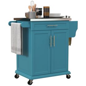 HOMCOM Rolling Island on Wheels, Small Kitchen island cart with Storage, Stainless Steel Countertop for Dining Room, Blue