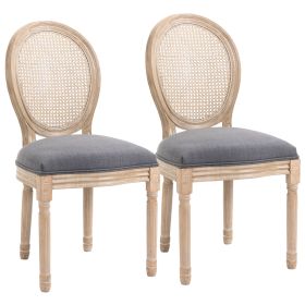 HOMCOM French-Style Upholstered Dining Chair Set, Armless Accent Side Chairs with Rattan Backrest and Linen-Touch Upholstery, Set of 2, Grey