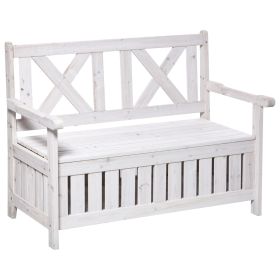 Outsunny Garden Storage Bench 2-Seater Outdoor Deck Box with Elegant Design Louvered Panels Solid Wood White