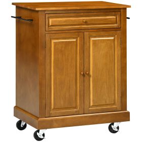 HOMCOM Modern Brown Kitchen Island on Wheels, Rolling Serving Cart with Drawer, Cabinet, and 2 Towel Racks