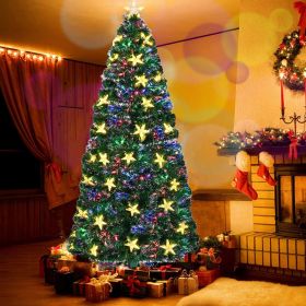 7FT Pre-lit Fiber Optic Christmas Tree with Large Stars, Artificial Xmas Tree Spruce Tree Green Tree with Metal Stand,Full Tree for Holiday Decor