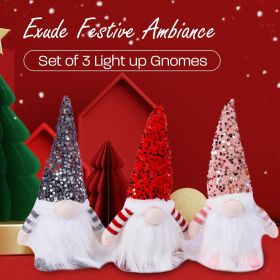 Christmas Set of 3 Light Up Christmas Gnomes, Silver, Pink & Red Christmas Gnomes - Plush Lighted Tomte Ornaments Figurines Dolls
