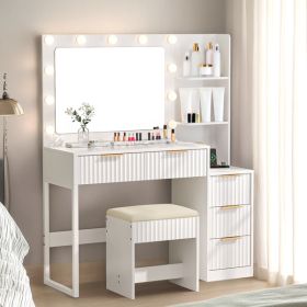 White particleboard with a melamine finish, 5-drawer, 2-shelf dressing table set with 11 three-tone light bulbs, power strip, and grille.