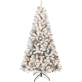 Artificial 7ft Flocked Christmas Tree with 1022 PVC Branch Tips, 350L Warm white led, Round head, Foldable Base for Indoor Holiday Decorating
