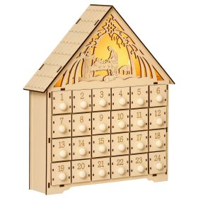 HOMCOM Christmas Advent Calendar, Light Up Manger Scene Tabletop Xmas Wooden House Holiday Decoration with Countdown Drawer, Bible Characters