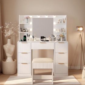 White particleboard with a melamine finish, 7 drawers, 4 shelves, a dressing table set with 10 three-tone light bulbs, a power strip, and a grill
