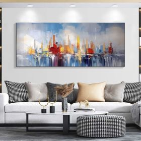 Large Abstract Colorful Cityscape Oil Painting on Canvas Texture Wall Art Original Ocean Landscape Art Custom Painting Living Room Decor (Style: 01, size: 70x140cm)
