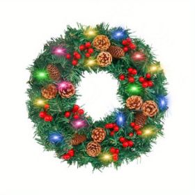 24 Inch 30 LED Prelit Christmas Wreath Artificial Christmas Wreaths for Front Door 160 Branches 5 Pinecones 30 Red Berried Battery Oper (Color: Pine cone wreath 60cm colored lights)
