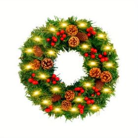 24 Inch 30 LED Prelit Christmas Wreath Artificial Christmas Wreaths for Front Door 160 Branches 5 Pinecones 30 Red Berried Battery Oper (Color: Pine cone wreath 60cm warm lights)